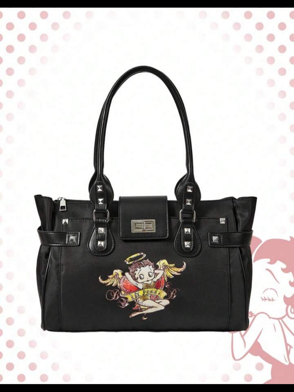 Betty Boop Black Satchel Tote Bag with Stud Accents